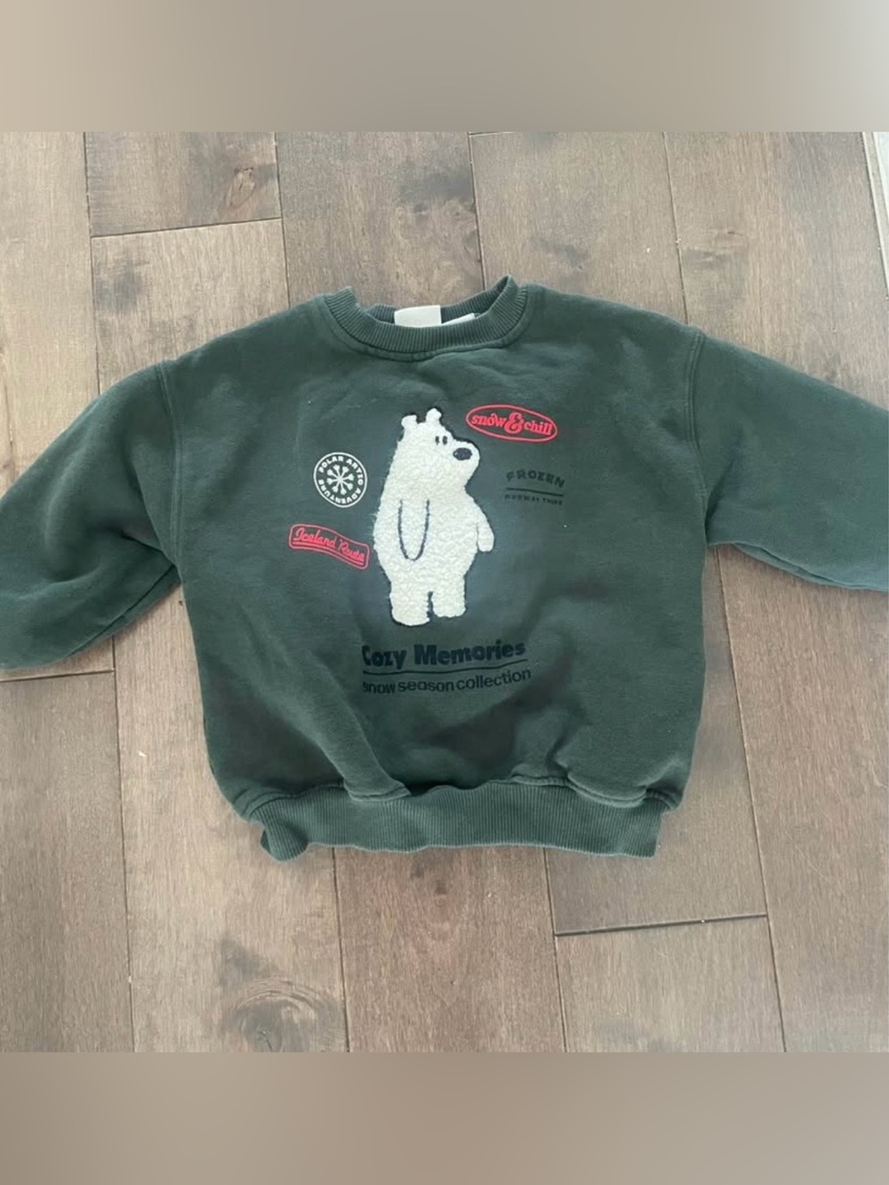 Zara Cozy Memories Forest Green Kid's Sweatshirt with Polar Bear Graphic - 2T